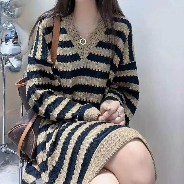 Fat people big size women's stripes medium long knit sweater skirt fat mm loose, thin V -neck sweater dress
