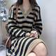 Fat people big size women's stripes medium long knit sweater skirt fat mm loose, thin V -neck sweater dress

