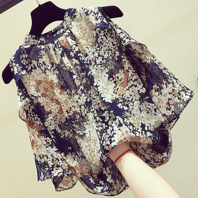 Large size women's clothing fat girl is popular in summer this year's off-shoulder short-sleeved chiffon shirt with floral style and slim tops