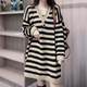 Fat people big size women's stripes medium long knit sweater skirt fat mm loose, thin V -neck sweater dress
