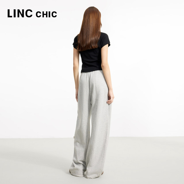 LINC Jin Yujie 2025 new gray waist pants styling high waist wide-leg pants casual pants for women