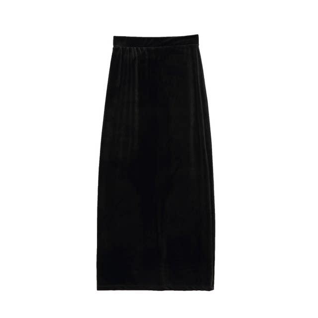 Gold velvet skirt black hip skirt long skirt 25 spring and autumn high waist slit retro mid-length one-step skirt
