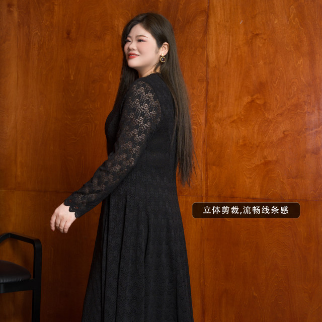 Beautiful Inn Original High-end Large Size Women's Clothing Belly Slimming and Fat mm200Jin [Jin equals 0.5 kg] V-neck Black Lace Dress

