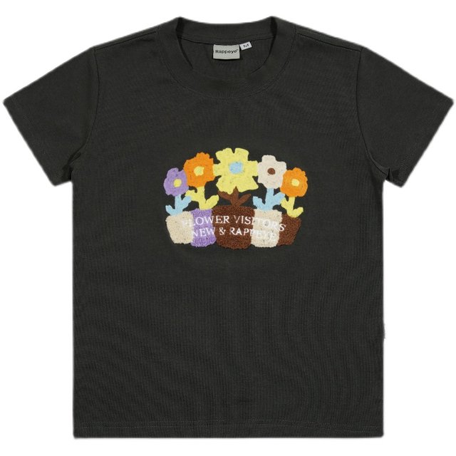 RAPPEYE potted plant embroidered round neck short-sleeved t-shirt for women American retro hottie slim short right shoulder slim top