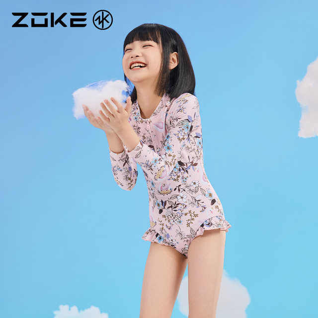 Zhouke children's swimsuit one-piece triangle long-sleeved sun protection zoke girls vacation swimming quick-drying hot spring princess swimsuit