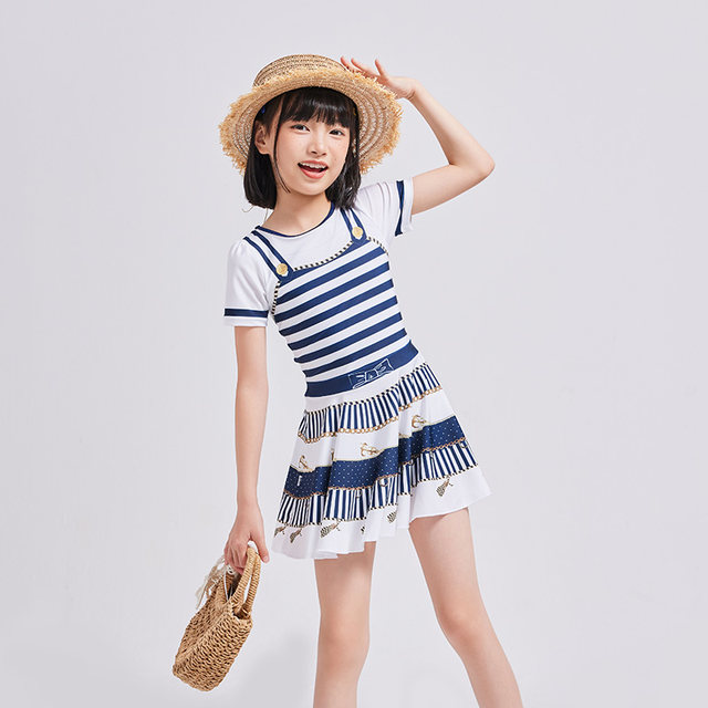 Chauke children's swimsuit one-piece cake skirt with flat angle sun protection zoke girls nautical wind speed dry swimming training