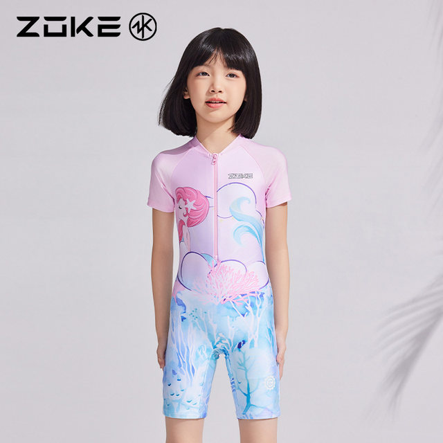 Zhuke children's swimsuit one-piece flat horn sun protection mermaid girl swimming training quick-drying medium-sized children's new suit
