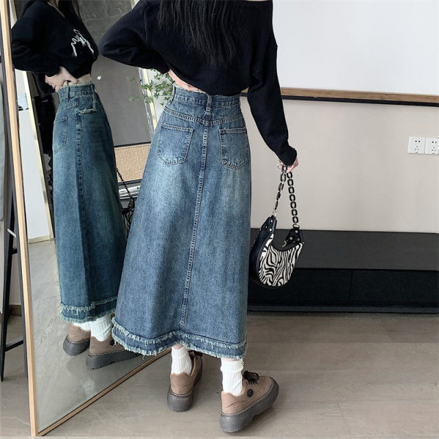Spring women's clothing Korean version new style hair fashion breasted and slim retro mid-length high-waist denim skirt