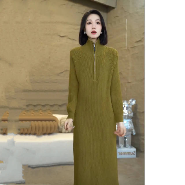 Takaitar skirt half zipper mid -length autumn and winter 2024 new high -grade high -end knitted knee long skirt dress
