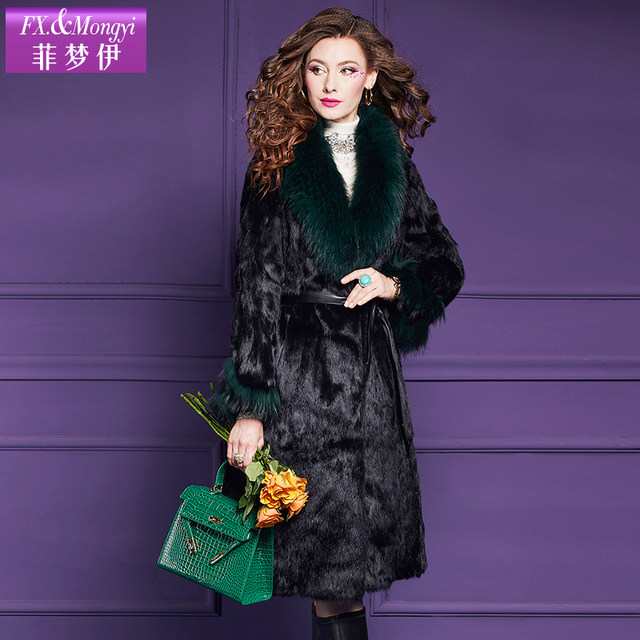Feimengyi raccoon fur collar rabbit fur one-piece fur coat for women winter high quality light luxury wide coat for women