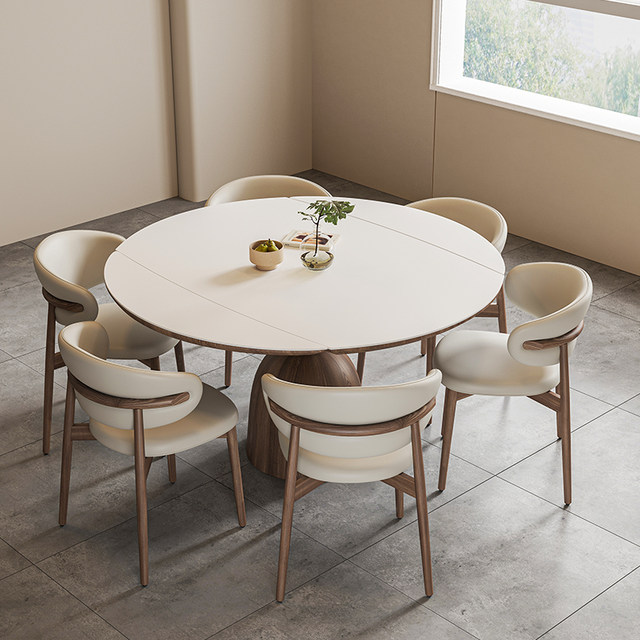 Retractable Nordic modern solid wood rock slab round dining table ...