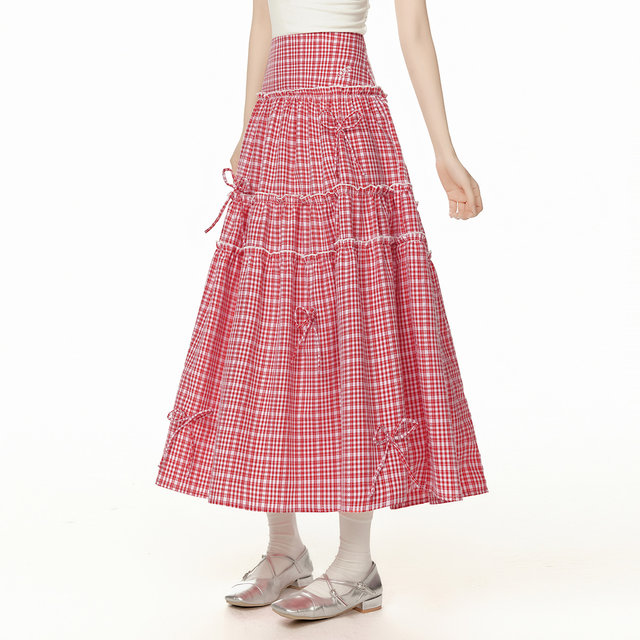
EPTISON skirt for women 2025 summer new loose sweet bow girl style a line retro plaid skirt