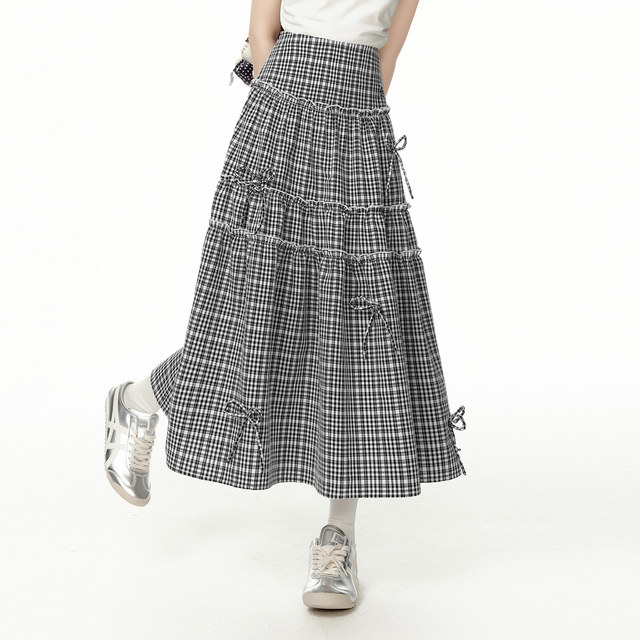 
EPTISON skirt for women 2025 summer new loose sweet bow girl style a line retro plaid skirt