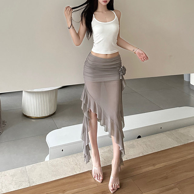 2024 European and American style cross -border summer new women's solid color slimming, thin street fashion high waist network skirt