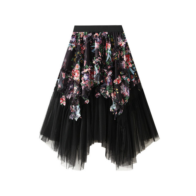 Gauze skirt palace printed irregular mesh skirt long skirt temperament fairy skirt mid-length skirt sweet 1503
