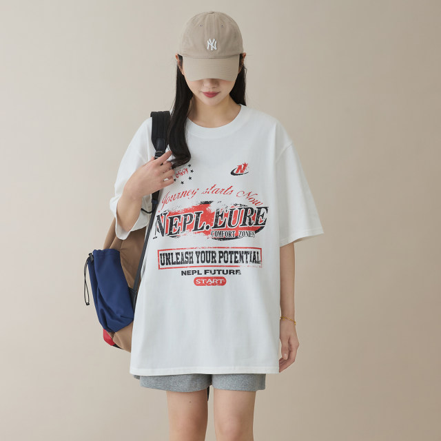 American retro fun printed white black short-sleeved T-shirt for women loose casual 260g pure cotton couple half-sleeved shirt

