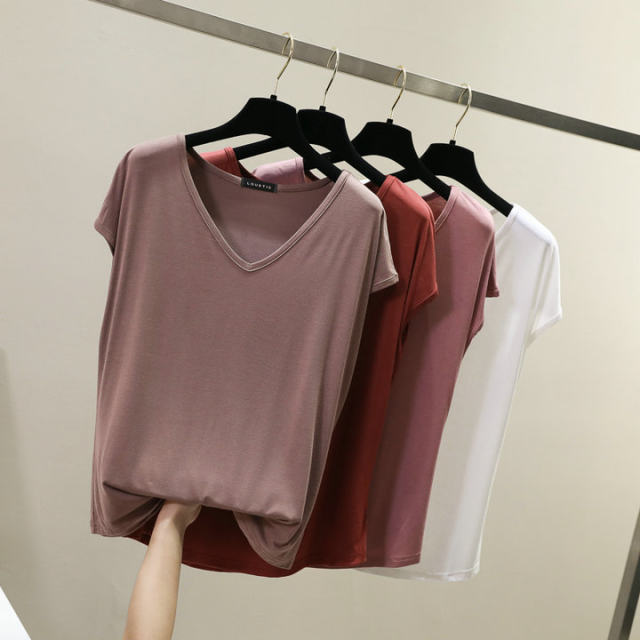 Modal white T-shirt for women short-sleeved slim short summer clothing 2025 new women tight v-neck black top
