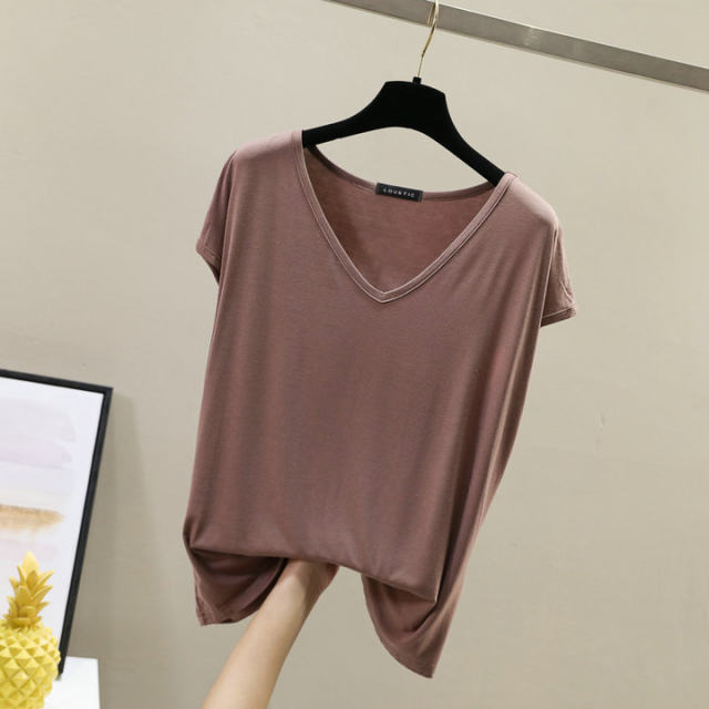 Modal white T-shirt for women short-sleeved slim short summer clothing 2025 new women tight v-neck black top
