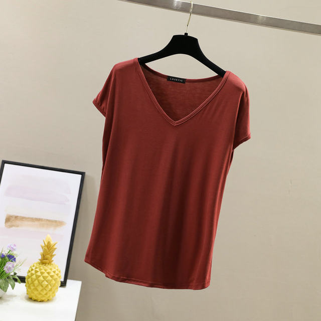 Modal white T-shirt for women short-sleeved slim short summer clothing 2025 new women tight v-neck black top
