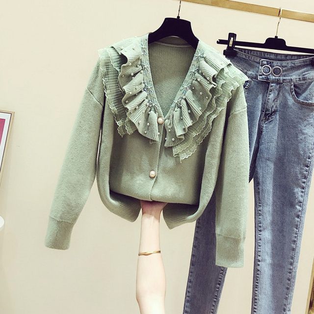Sweet Heavy Industry Mesh Beaded Ruffle V-neck Long Sleeve Knitted Cardigan Women's 2025 Autumn and Winter New Casual Jacket