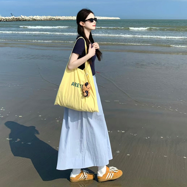 Light blue work skirt Japanese sweet dopamine pocket pure cotton A-line skirt small mid-length large umbrella skirt