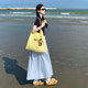 Light blue work skirt Japanese sweet dopamine pocket pure cotton A-line skirt small mid-length large umbrella skirt