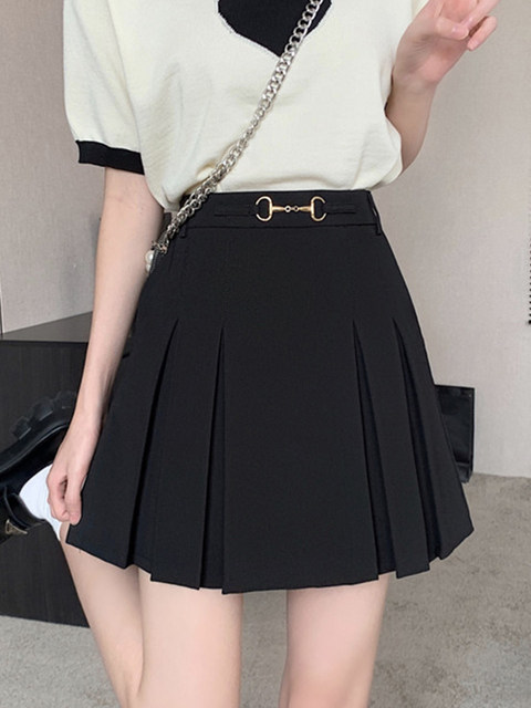 Black pleated skirt and skirt for women 2023 summer large size fat mm slim high waist pocket versatile A-line short skirt