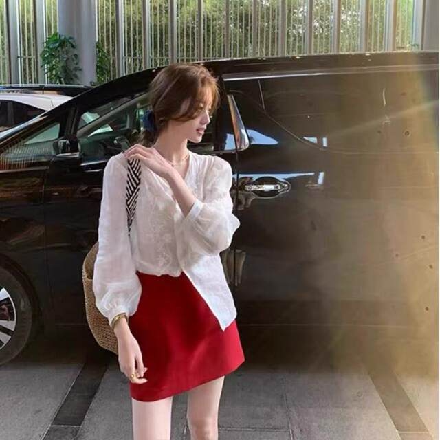 Temperament white and red suit short skirt skirt for women in spring and autumn new high-waisted sweet hot girl versatile A-line skirt
