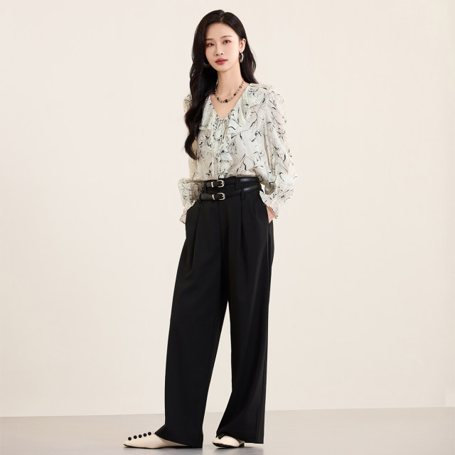 Jiarenyuan chiffon shirt for women in spring 2025 new V-neck ruffle ink printing chiffon shirt French retro