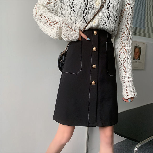 Large size pocket skirt mid-length A-line skirt spring and summer new black high-waisted versatile suit slimming one-step skirt