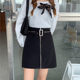 Zippered skirt with large size high waist slim A-line skirt fat mm black suit short skirt American hot girl hip skirt women