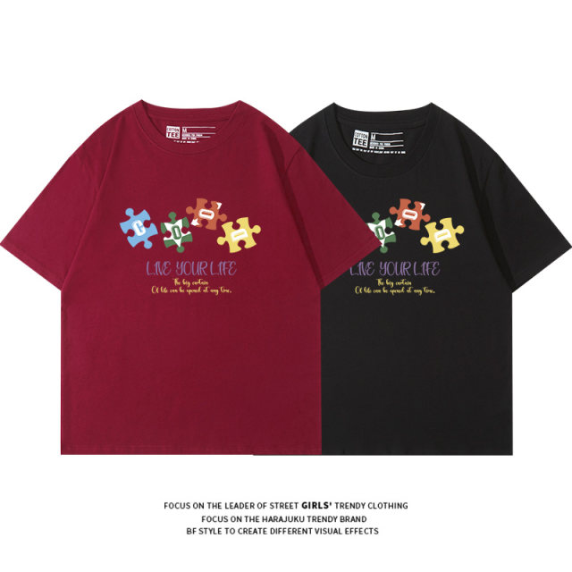 American retro minimalist wind wine red positive shoulder short -sleeved T -shirt female white Korean loose student half -sleeved top tide
