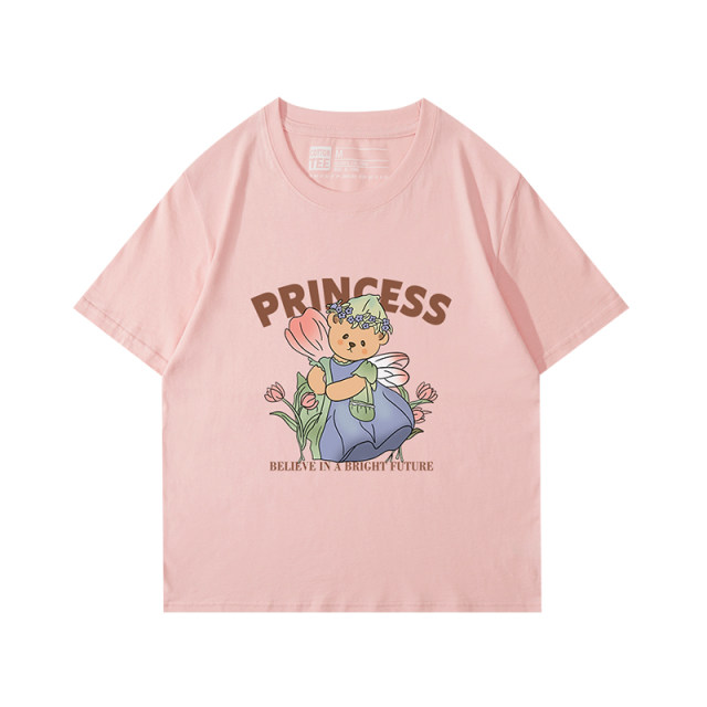 oversize lazy wind Korean sweet cute cartoon pink short -sleeved T -shirt female pure cotton loose large size half -sleeve
