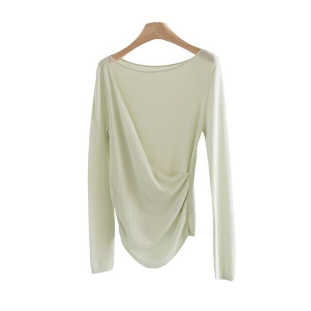 Chunzhi temperament, one-shoulder slanted collar waist-closed long-sleeved sweater solid color tensile pullover base shirt women's top