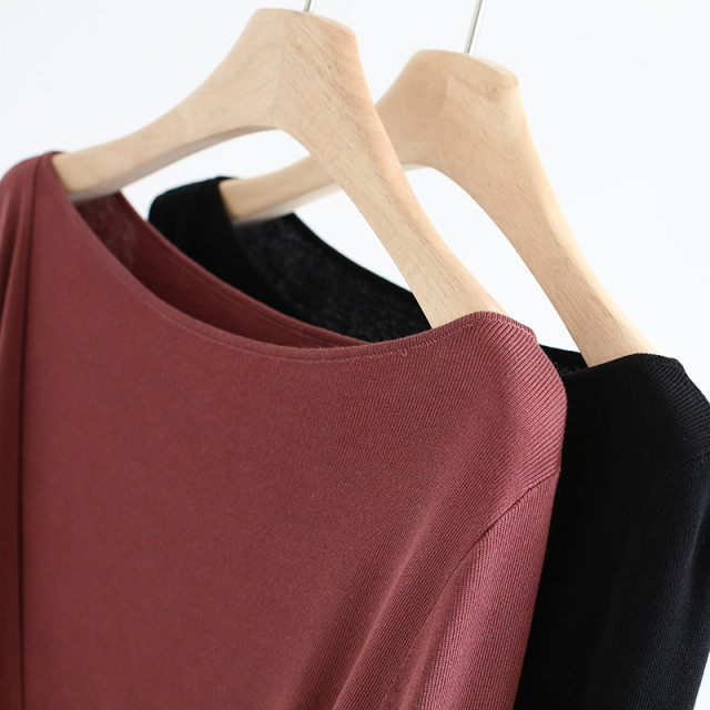 Chunzhi temperament, one-shoulder slanted collar waist-closed long-sleeved sweater solid color tensile pullover base shirt women's top