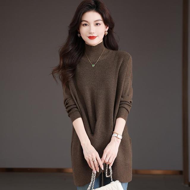 Autumn half-high neck lazy style design wool sweater for women 2024 loose large-size top bat sleeve sweater

