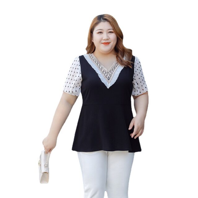 Fat MM large size women's summer loose slim romantic French lace lace V-neck short-sleeved spliced ​​chiffon shirt top
