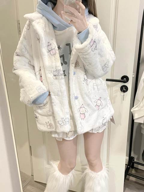 Ruibbit white musical notes imitation rabbit fur coat round neck long sleeve autumn and winter top plush cute subculture girl