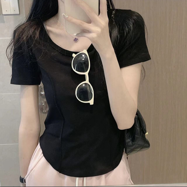 Fish bone top white short-sleeved T-shirt for women 2025 new summer design niche low neck front shoulder short t-shirt
