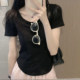 Fish bone top white short-sleeved T-shirt for women 2025 new summer design niche low neck front shoulder short t-shirt
