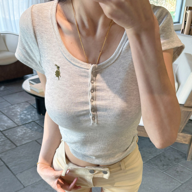 MatoU cartoon graffiti embroidered golf grey short-sleeved women's slim high-end single-breasted T-shirt