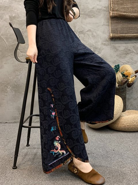 Ethnic style embroidered wide-leg pants for women in spring and autumn new high-waist drooping loose casual and fashionable large-size leg-show trousers
