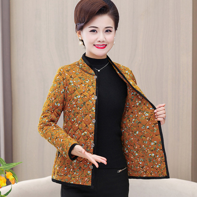 Middle -aged and elderly mother pretend to be autumn and winter ladies loose long -sleeved foreign cotton coat fashion standing collar cotton coat jacket
