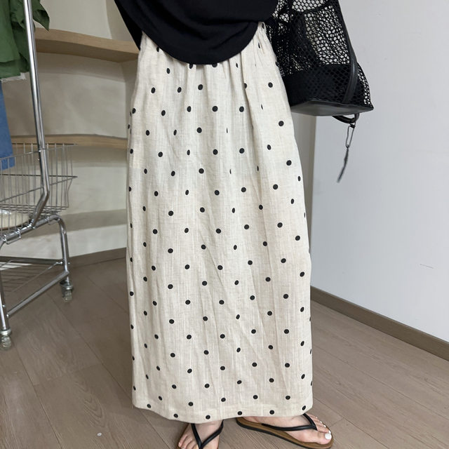European Station 2025 summer new elastic waist straight-tube slimming polka dot printed skirt versatile literary mid-length skirt