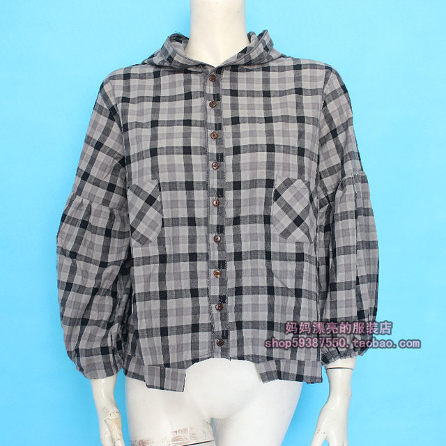 Literary style 773 plus size women's snow blue shirt new hooded top shirt Korean style jacket plaid puff sleeves