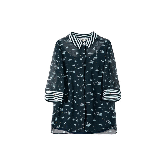 Ish Xia Lanwei five -point sleeve printed chiffon shirt female summer new design sense shows thin shirt fake two tops