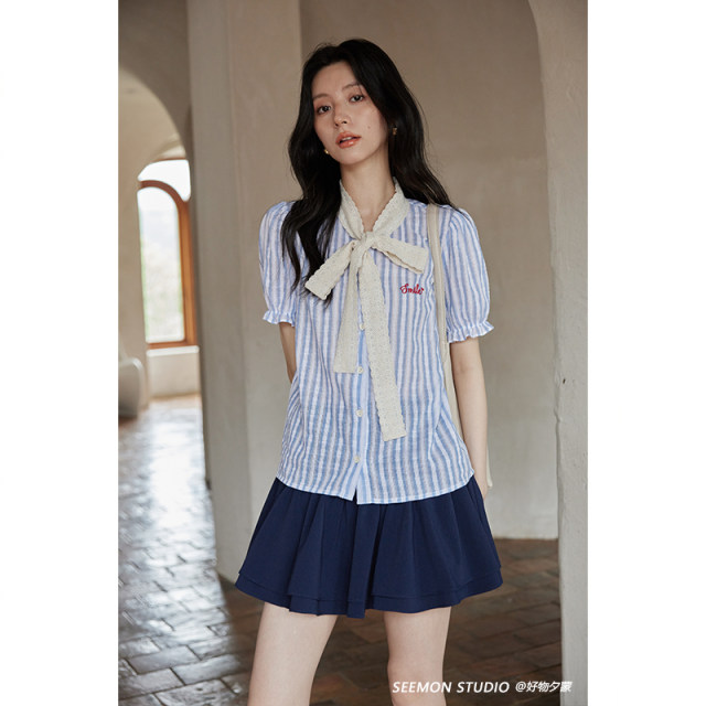 Ximeng 2025 new spring and summer French lace bow puff sleeve striped design niche shirt top for women