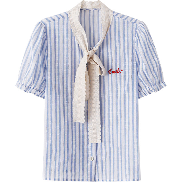 Ximeng 2025 new spring and summer French lace bow puff sleeve striped design niche shirt top for women