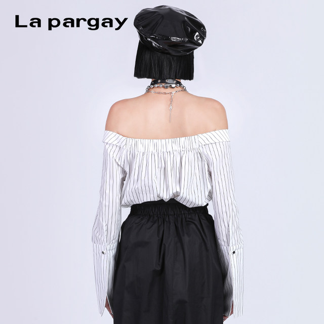 Napajia autumn new women's shirt one-length collar striped design off-shoulder long-sleeved shirt for women's counter genuine