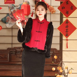 Young Chinese winter retro velvet long sleeves two-piece cheongsam vest skinny suit for girls in annual wear